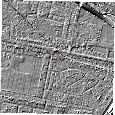 Shaded relief map of the ground around TW181BG, computed from Environment Agency LiDAR. The ground here sits at about 14 m above sea level and falls 7 m across the surrounding 800 m. Surface water reaching this point runs off ground lying to the east-north-east, 0.5 m higher.