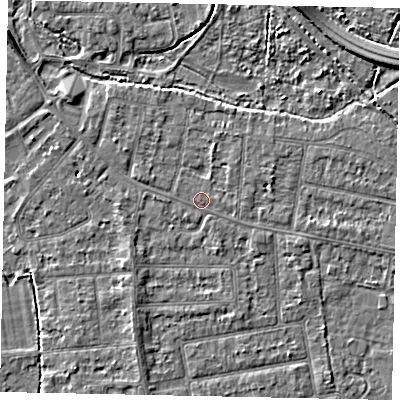 Shaded relief map of the ground around TW181BH, computed from Environment Agency LiDAR. The ground here sits at about 15 m above sea level and falls 4 m across the surrounding 800 m. Surface water reaching this point runs off ground lying to the east-north-east, 1.0 m higher.