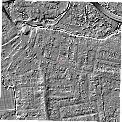 Shaded relief map of the ground around TW181BJ, computed from Environment Agency LiDAR. The ground here sits at about 15 m above sea level and falls 6 m across the surrounding 800 m. Surface water reaching this point runs off ground lying to the east-north-east, 1.2 m higher.