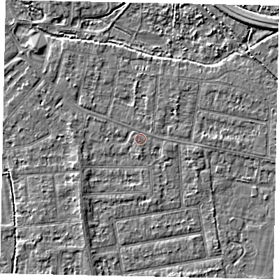 Shaded relief map of the ground around TW181BL, computed from Environment Agency LiDAR. The ground here sits at about 15 m above sea level and falls 3 m across the surrounding 800 m. Surface water reaching this point runs off ground lying to the south, 0.6 m higher.