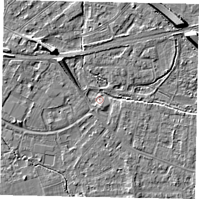 Shaded relief map of the ground around TW181BN, computed from Environment Agency LiDAR. The ground here sits at about 14 m above sea level and falls 8 m across the surrounding 800 m. Surface water reaching this point runs off ground lying to the north-west, 6.7 m higher.