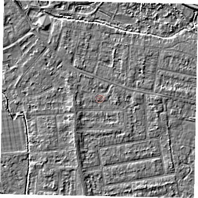 Shaded relief map of the ground around TW181BP, computed from Environment Agency LiDAR. The ground here sits at about 14 m above sea level and falls 4 m across the surrounding 800 m. Surface water reaching this point runs off ground lying to the south-west, 1.4 m higher.