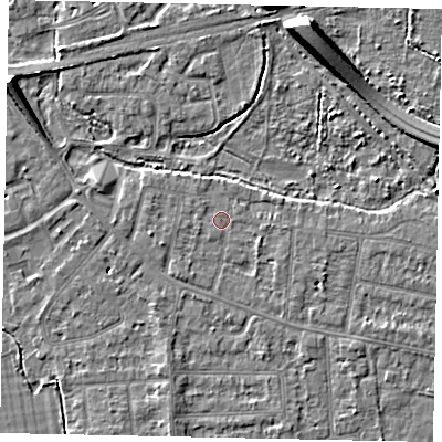 Shaded relief map of the ground around TW181BT, computed from Environment Agency LiDAR. The ground here sits at about 15 m above sea level and falls 8 m across the surrounding 800 m. Surface water reaching this point runs off ground lying to the west-south-west, 1.4 m higher.