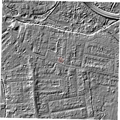 Shaded relief map of the ground around TW181BU, computed from Environment Agency LiDAR. The ground here sits at about 15 m above sea level and falls 3 m across the surrounding 800 m. Surface water reaching this point runs off ground lying to the north-east, 1.0 m higher.