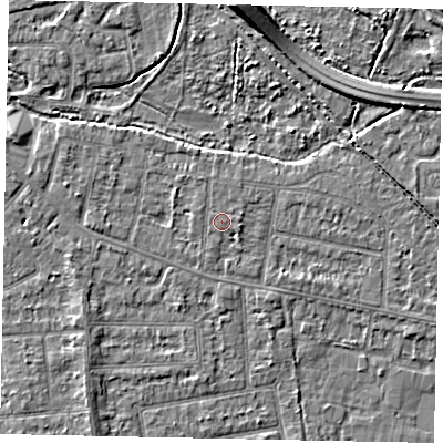 Shaded relief map of the ground around TW181BX, computed from Environment Agency LiDAR. The ground here sits at about 15 m above sea level and falls 7 m across the surrounding 800 m. Surface water reaching this point runs off ground lying to the east-north-east, 0.6 m higher.