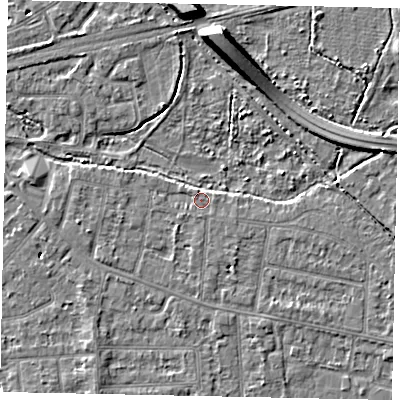 Shaded relief map of the ground around TW181BY, computed from Environment Agency LiDAR. The ground here sits at about 15 m above sea level and falls 8 m across the surrounding 800 m. Surface water reaching this point runs off ground lying to the south, 1.9 m higher.