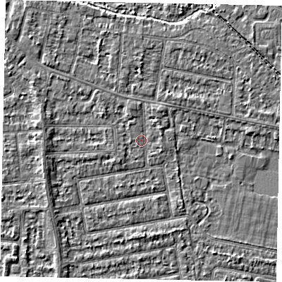 Shaded relief map of the ground around TW181BZ, computed from Environment Agency LiDAR. The ground here sits at about 14 m above sea level and falls 3 m across the surrounding 800 m. Surface water reaching this point runs off ground lying to the west, 1.7 m higher.