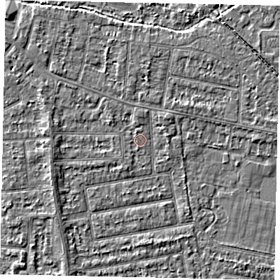 Shaded relief map of the ground around TW181DA, computed from Environment Agency LiDAR. The ground here sits at about 14 m above sea level and falls 3 m across the surrounding 800 m. Surface water reaching this point runs off ground lying to the west-south-west, 1.7 m higher.