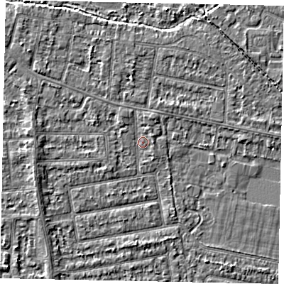 Shaded relief map of the ground around TW181DB, computed from Environment Agency LiDAR. The ground here sits at about 14 m above sea level and falls 3 m across the surrounding 800 m. Surface water reaching this point runs off ground lying to the north-north-east, 1.1 m higher.