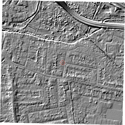 Shaded relief map of the ground around TW181DD, computed from Environment Agency LiDAR. The ground here sits at about 15 m above sea level and falls 6 m across the surrounding 800 m. Surface water reaching this point runs off ground lying to the west, 1.4 m higher.