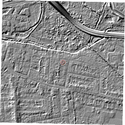 Shaded relief map of the ground around TW181DE, computed from Environment Agency LiDAR. The ground here sits at about 15 m above sea level and falls 8 m across the surrounding 800 m. The ground contributing surface water to this point lies to the west-south-west.