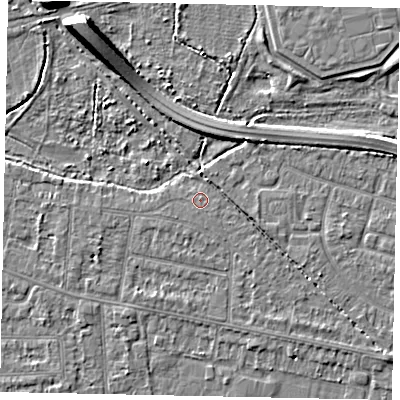 Shaded relief map of the ground around TW181DG, computed from Environment Agency LiDAR. The ground here sits at about 14 m above sea level and falls 8 m across the surrounding 800 m. The ground contributing surface water to this point lies to the south-east.