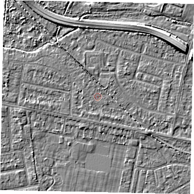 Shaded relief map of the ground around TW181DH, computed from Environment Agency LiDAR. The ground here sits at about 14 m above sea level and falls 7 m across the surrounding 800 m. Surface water reaching this point runs off ground lying to the west, 1.2 m higher.