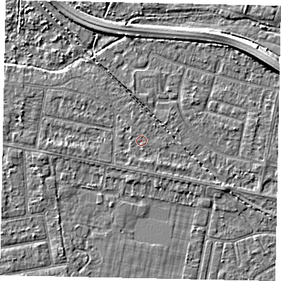 Shaded relief map of the ground around TW181DJ, computed from Environment Agency LiDAR. The ground here sits at about 14 m above sea level and falls 7 m across the surrounding 800 m. Surface water reaching this point runs off ground lying to the west-north-west, 1.4 m higher.