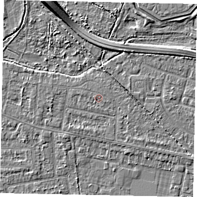 Shaded relief map of the ground around TW181DL, computed from Environment Agency LiDAR. The ground here sits at about 14 m above sea level and falls 7 m across the surrounding 800 m. Surface water reaching this point runs off ground lying to the west, 0.5 m higher.