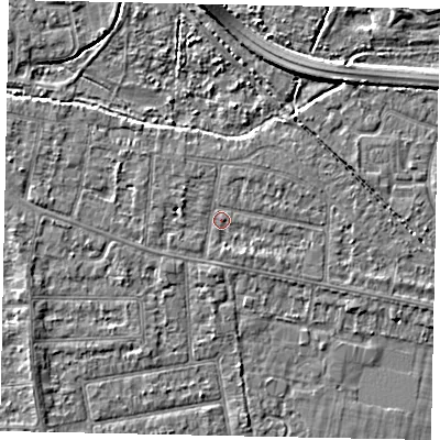 Shaded relief map of the ground around TW181DN, computed from Environment Agency LiDAR. The ground here sits at about 14 m above sea level and falls 4 m across the surrounding 800 m. Surface water reaching this point runs off ground lying to the west-north-west, 1.4 m higher.