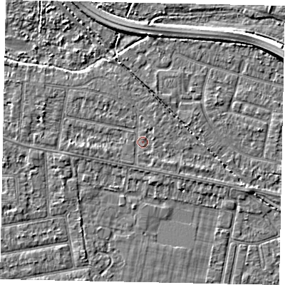 Shaded relief map of the ground around TW181DP, computed from Environment Agency LiDAR. The ground here sits at about 14 m above sea level and falls 6 m across the surrounding 800 m. Surface water reaching this point runs off ground lying to the west-north-west, 1.4 m higher.