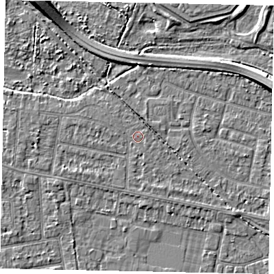 Shaded relief map of the ground around TW181DQ, computed from Environment Agency LiDAR. The ground here sits at about 14 m above sea level and falls 7 m across the surrounding 800 m. Surface water reaching this point runs off ground lying to the west, 1.4 m higher.