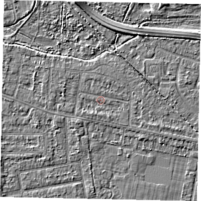 Shaded relief map of the ground around TW181DR, computed from Environment Agency LiDAR. The ground here sits at about 14 m above sea level and falls 4 m across the surrounding 800 m. Surface water reaching this point runs off ground lying to the west-north-west, 1.4 m higher.