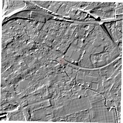 Shaded relief map of the ground around TW181DS, computed from Environment Agency LiDAR. The ground here sits at about 14 m above sea level and falls 7 m across the surrounding 800 m. Surface water reaching this point runs off ground lying to the north-west, 5.2 m higher.