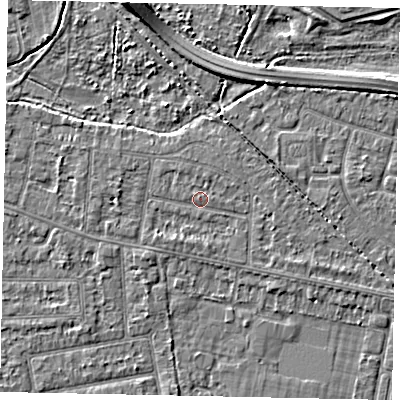 Shaded relief map of the ground around TW181DW, computed from Environment Agency LiDAR. The ground here sits at about 14 m above sea level and falls 6 m across the surrounding 800 m. Surface water reaching this point runs off ground lying to the west, 1.4 m higher.