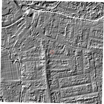 Shaded relief map of the ground around TW181DZ, computed from Environment Agency LiDAR. The ground here sits at about 14 m above sea level and falls 4 m across the surrounding 800 m. Surface water reaching this point runs off ground lying to the west-south-west, 1.2 m higher.