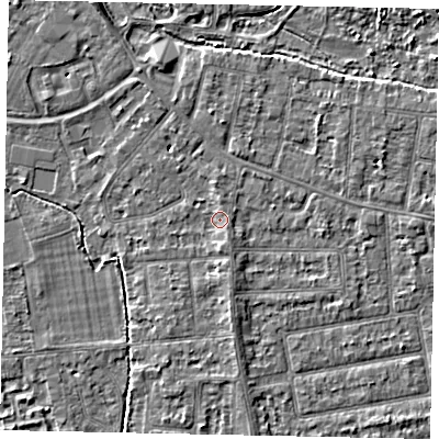 Shaded relief map of the ground around TW181EA, computed from Environment Agency LiDAR. The ground here sits at about 15 m above sea level and falls 4 m across the surrounding 800 m. Surface water reaching this point runs off ground lying to the south, 1.4 m higher.