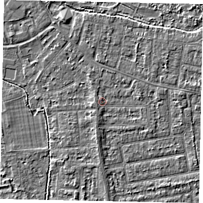 Shaded relief map of the ground around TW181ED, computed from Environment Agency LiDAR. The ground here sits at about 15 m above sea level and falls 3 m across the surrounding 800 m. Surface water reaching this point runs off ground lying to the south-south-west, 1.3 m higher.