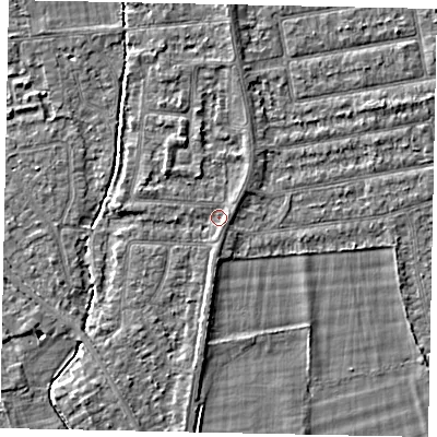 Shaded relief map of the ground around TW181EH, computed from Environment Agency LiDAR. The ground here sits at about 14 m above sea level and falls 4 m across the surrounding 800 m. Surface water reaching this point runs off ground lying to the north-west, 1.5 m higher.