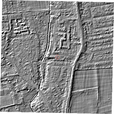 Shaded relief map of the ground around TW181EJ, computed from Environment Agency LiDAR. The ground here sits at about 15 m above sea level and falls 4 m across the surrounding 800 m. Surface water reaching this point runs off ground lying to the west, 0.6 m higher.