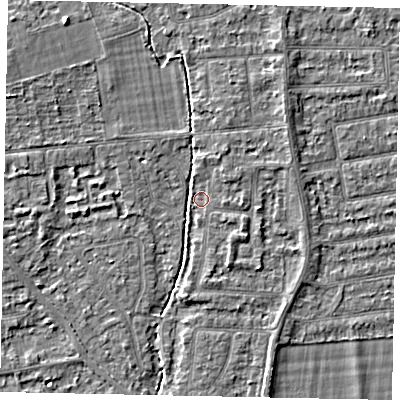 Shaded relief map of the ground around TW181EL, computed from Environment Agency LiDAR. The ground here sits at about 14 m above sea level and falls 3 m across the surrounding 800 m. Surface water reaching this point runs off ground lying to the east-north-east, 1.9 m higher.