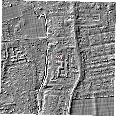 Shaded relief map of the ground around TW181EN, computed from Environment Agency LiDAR. The ground here sits at about 15 m above sea level and falls 3 m across the surrounding 800 m. Surface water reaching this point runs off ground lying to the south-south-east, 1.0 m higher.