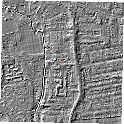 Shaded relief map of the ground around TW181EP, computed from Environment Agency LiDAR. The ground here sits at about 15 m above sea level and falls 3 m across the surrounding 800 m. Surface water reaching this point runs off ground lying to the east-north-east, 1.2 m higher.