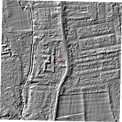 Shaded relief map of the ground around TW181EQ, computed from Environment Agency LiDAR. The ground here sits at about 15 m above sea level and falls 4 m across the surrounding 800 m. Surface water reaching this point runs off ground lying to the north, 1.4 m higher.