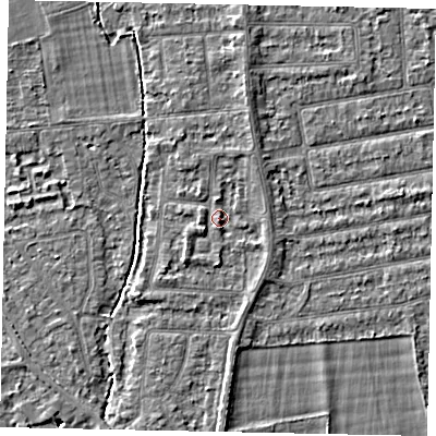 Shaded relief map of the ground around TW181ER, computed from Environment Agency LiDAR. The ground here sits at about 15 m above sea level and falls 4 m across the surrounding 800 m. Surface water reaching this point runs off ground lying to the south-west, 1.0 m higher.