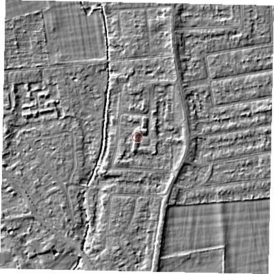 Shaded relief map of the ground around TW181ES, computed from Environment Agency LiDAR. The ground here sits at about 15 m above sea level and falls 4 m across the surrounding 800 m. Surface water reaching this point runs off ground lying to the east-north-east, 1.0 m higher.