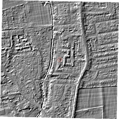 Shaded relief map of the ground around TW181ET, computed from Environment Agency LiDAR. The ground here sits at about 14 m above sea level and falls 4 m across the surrounding 800 m. Surface water reaching this point runs off ground lying to the south-south-west, 1.1 m higher.