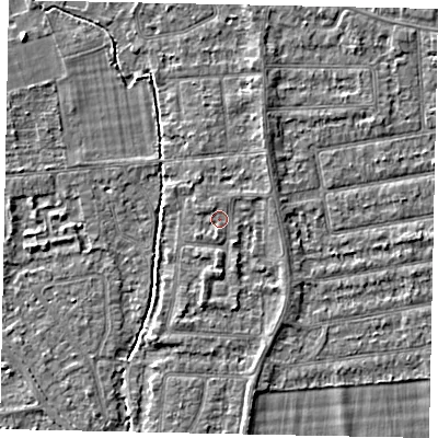 Shaded relief map of the ground around TW181EW, computed from Environment Agency LiDAR. The ground here sits at about 14 m above sea level and falls 3 m across the surrounding 800 m. Surface water reaching this point runs off ground lying to the north-north-west, 0.5 m higher.