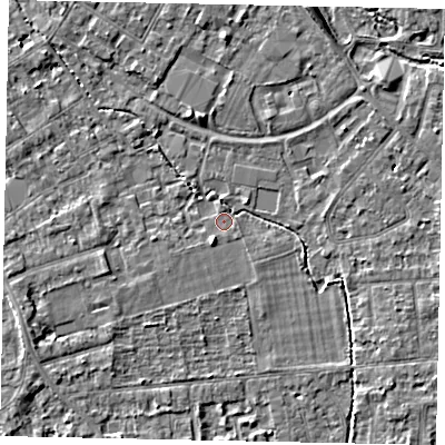 Shaded relief map of the ground around TW181FA, computed from Environment Agency LiDAR. The ground here sits at about 14 m above sea level and falls 5 m across the surrounding 800 m. Surface water reaching this point runs off ground lying to the south-south-west, 2.4 m higher.
