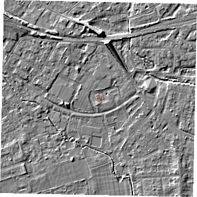 Shaded relief map of the ground around TW181FB, computed from Environment Agency LiDAR. The ground here sits at about 15 m above sea level and falls 7 m across the surrounding 800 m. Surface water reaching this point runs off ground lying to the south, 1.7 m higher.