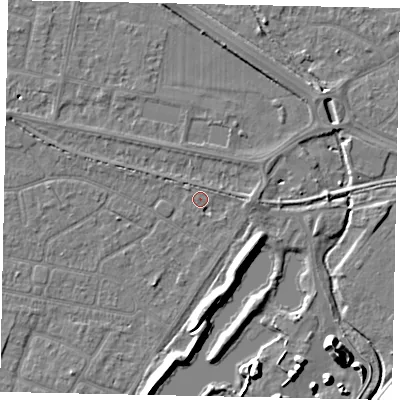 Shaded relief map of the ground around TW181GA, computed from Environment Agency LiDAR. The ground here sits at about 14 m above sea level and falls 11 m across the surrounding 800 m. Surface water reaching this point runs off ground lying to the west-north-west, 1.2 m higher.