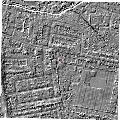Shaded relief map of the ground around TW181GN, computed from Environment Agency LiDAR. The ground here sits at about 14 m above sea level and falls 3 m across the surrounding 800 m. Surface water reaching this point runs off ground lying to the north-west, 1.1 m higher.
