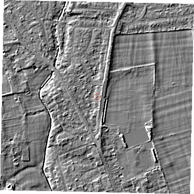 Shaded relief map of the ground around TW181HB, computed from Environment Agency LiDAR. The ground here sits at about 15 m above sea level and falls 4 m across the surrounding 800 m. Surface water reaching this point runs off ground lying to the south, 1.2 m higher.