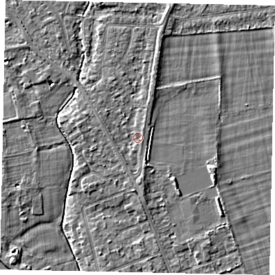 Shaded relief map of the ground around TW181HD, computed from Environment Agency LiDAR. The ground here sits at about 15 m above sea level and falls 4 m across the surrounding 800 m. Surface water reaching this point runs off ground lying to the south-south-east, 1.2 m higher.
