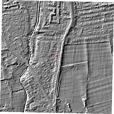 Shaded relief map of the ground around TW181HE, computed from Environment Agency LiDAR. The ground here sits at about 14 m above sea level and falls 4 m across the surrounding 800 m. Surface water reaching this point runs off ground lying to the south-south-east, 1.2 m higher.