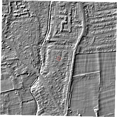 Shaded relief map of the ground around TW181HF, computed from Environment Agency LiDAR. The ground here sits at about 14 m above sea level and falls 4 m across the surrounding 800 m. Surface water reaching this point runs off ground lying to the west, 0.6 m higher.