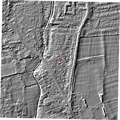Shaded relief map of the ground around TW181HG, computed from Environment Agency LiDAR. The ground here sits at about 15 m above sea level and falls 4 m across the surrounding 800 m. Surface water reaching this point runs off ground lying to the north-north-west, 0.6 m higher.