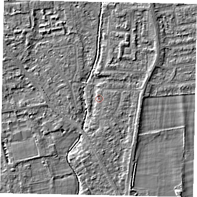 Shaded relief map of the ground around TW181HH, computed from Environment Agency LiDAR. The ground here sits at about 14 m above sea level and falls 4 m across the surrounding 800 m. Surface water reaching this point runs off ground lying to the east-south-east, 1.3 m higher.