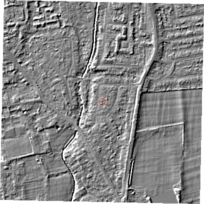 Shaded relief map of the ground around TW181HQ, computed from Environment Agency LiDAR. The ground here sits at about 15 m above sea level and falls 4 m across the surrounding 800 m. The ground contributing surface water to this point lies to the north-east.