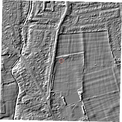 Shaded relief map of the ground around TW181HR, computed from Environment Agency LiDAR. The ground here sits at about 14 m above sea level and falls 4 m across the surrounding 800 m. Surface water reaching this point runs off ground lying to the south-south-west, 1.6 m higher.